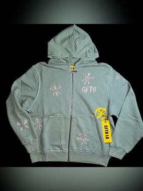 GFTD LA Mint Green RHINESTONE Speckled Zip Hoodie & Casual Streetwear medium